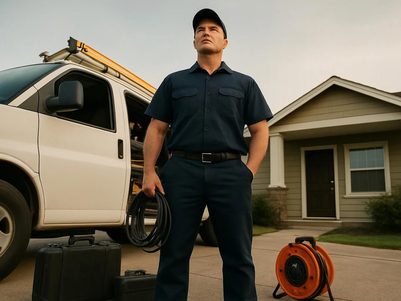 A utility worker in dark uniform stands with coiled cable beside a van and tools in a suburban driveway