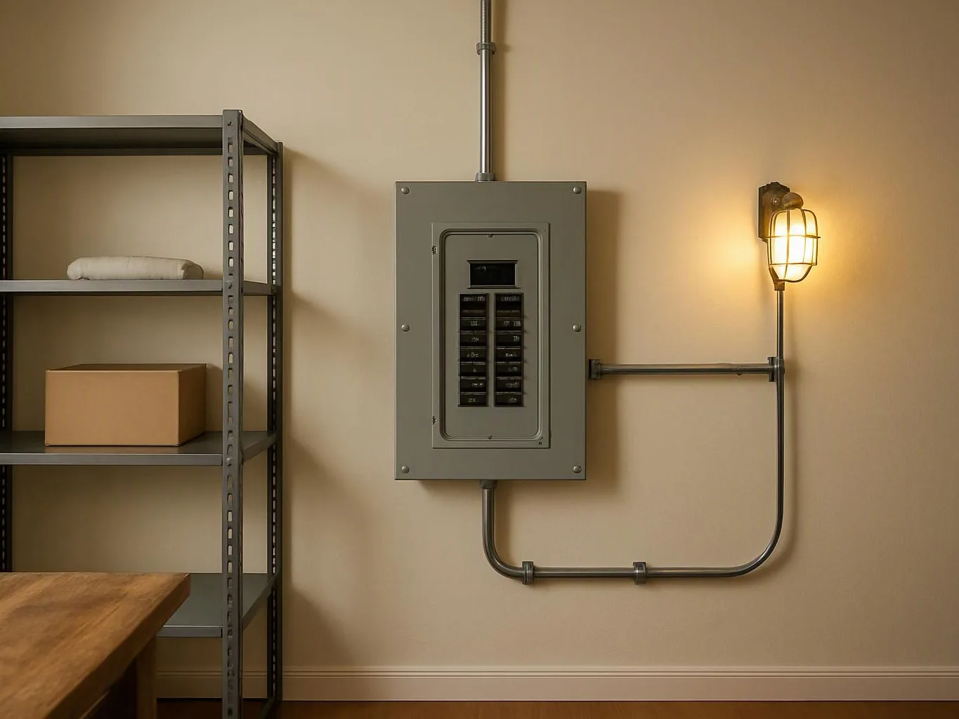 A wall-mounted electrical panel sits beside metal conduit, shelving, and a glowing cage light in a small utility room