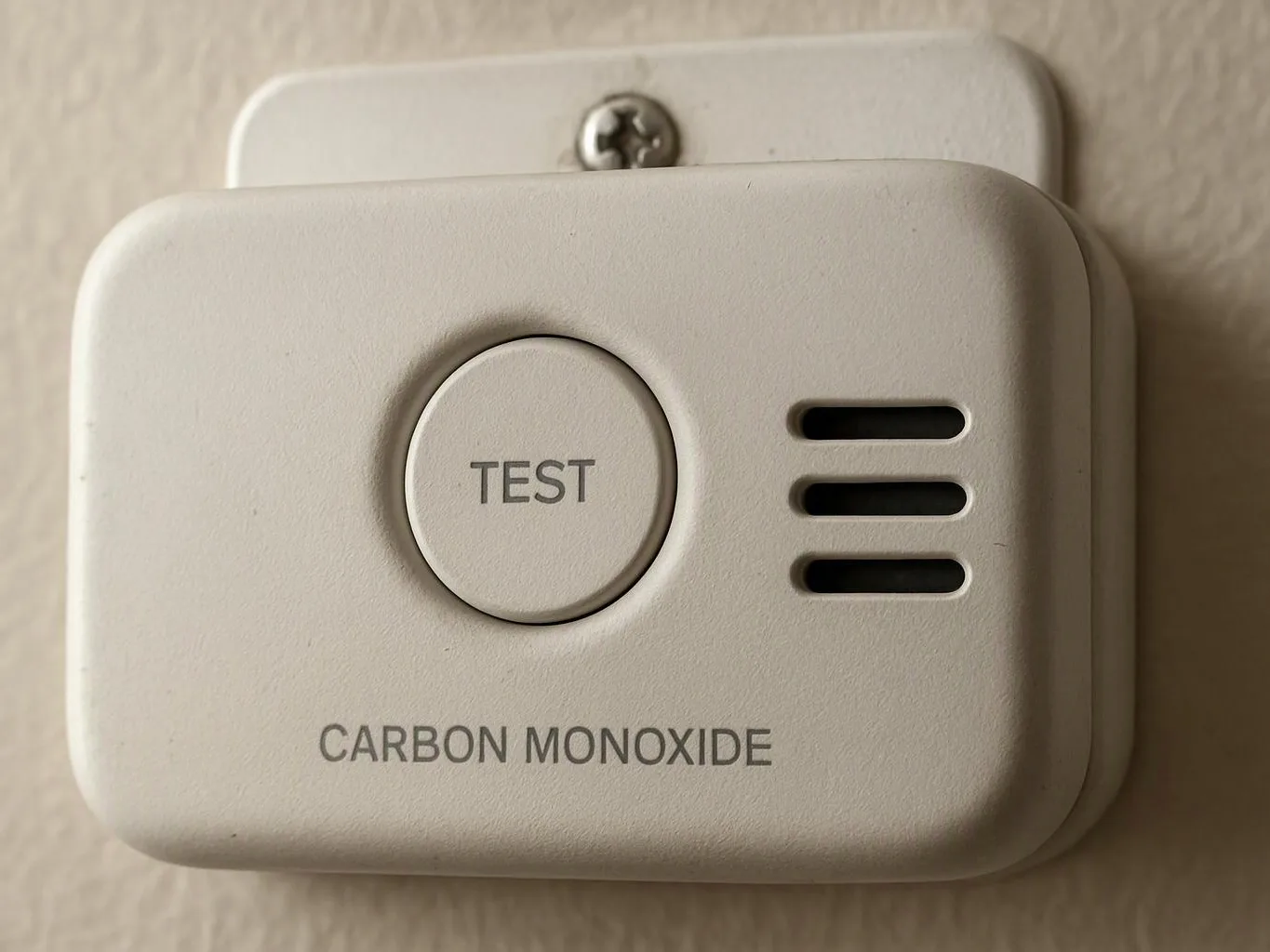 A white carbon monoxide detector with a test button is mounted on a wall