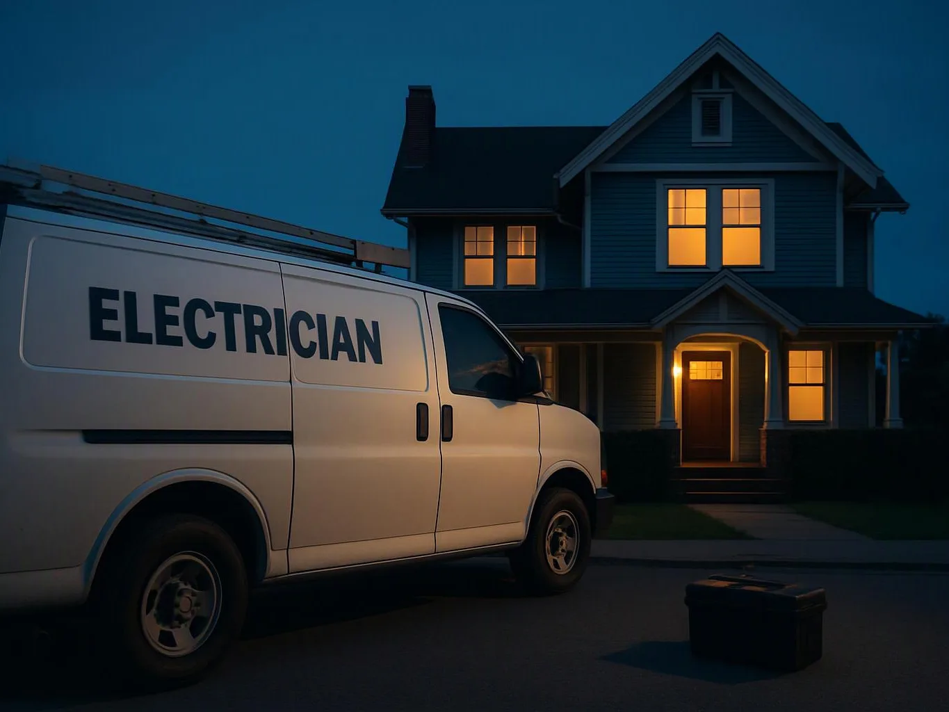 A white electrician van is parked outside a lit house at dusk, with a toolbox on the street