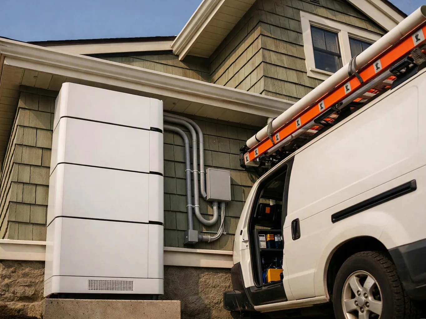 A white service van with a roof ladder is parked beside a house and a tall outdoor battery unit