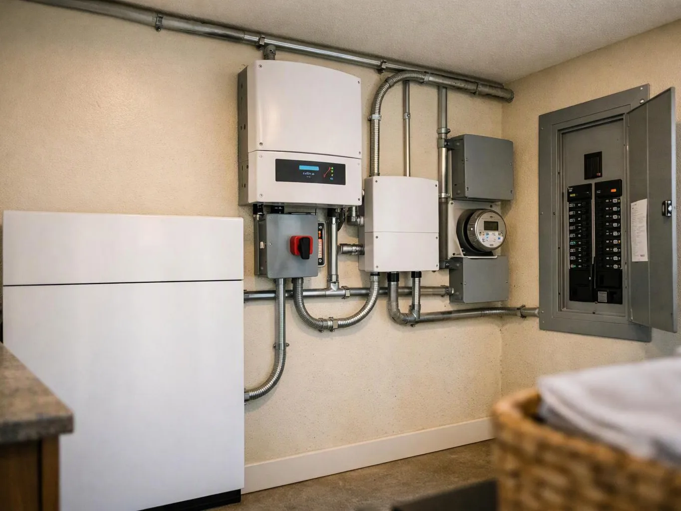 White utility equipment and electrical panels are mounted on a beige wall in a small service room