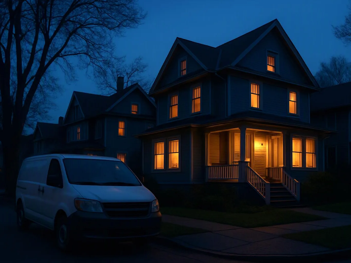A white van sits beside a lit two-story house at dusk under dark blue sky