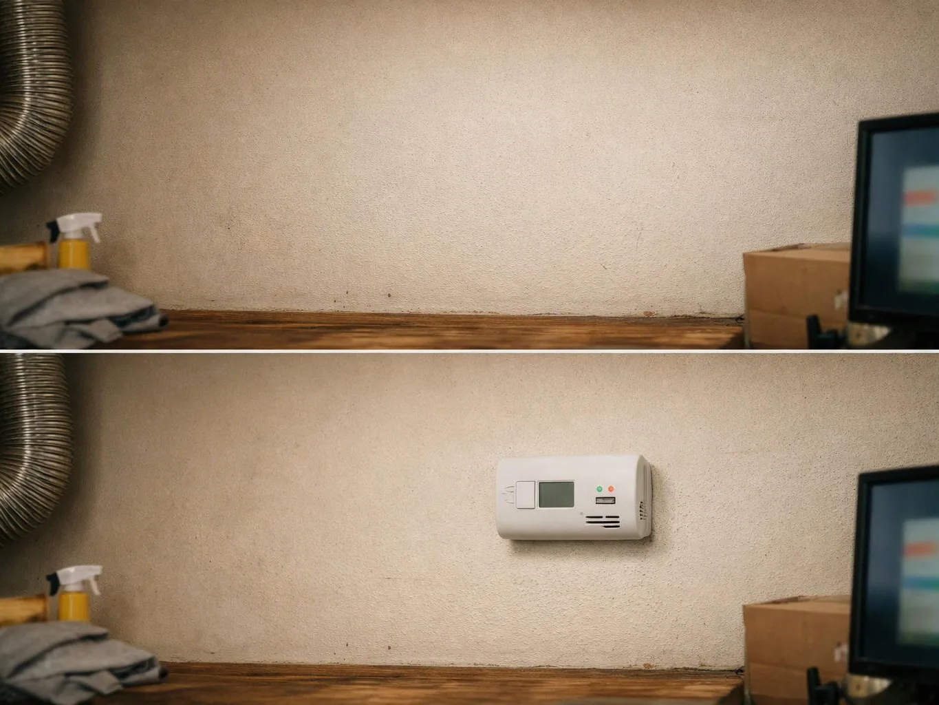 A white wall-mounted control box appears on the wall above a wooden workbench in a small utility room