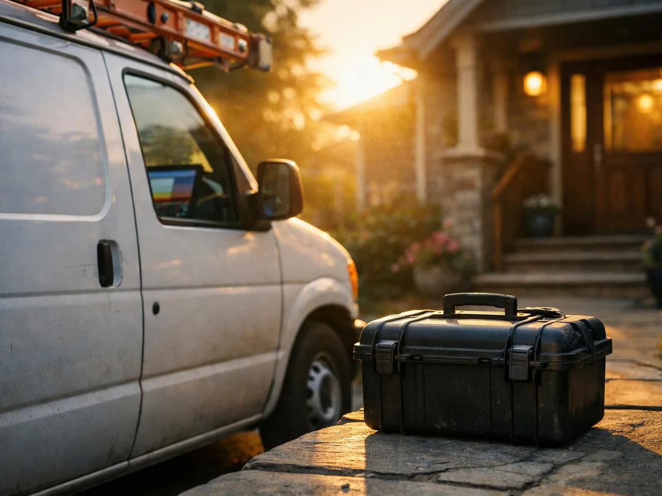A white work van and a black toolbox sit outside a house at sunset
