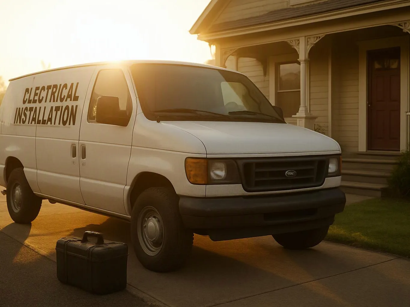 A white work van labeled electrical installation sits in a driveway beside a house, with a black toolbox on the pavement