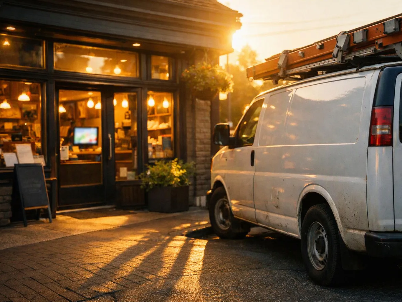 A white work van with a ladder parked beside a warmly lit storefront at sunset