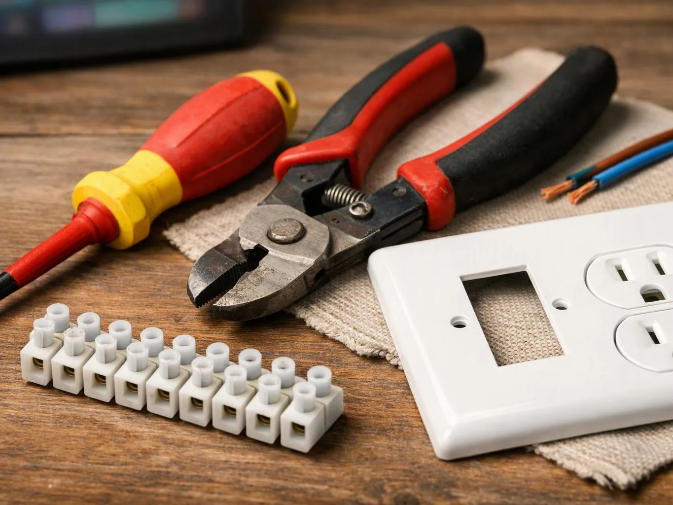 Wire cutters, a screwdriver, wire connectors, and an outlet cover sit on a wooden workbench