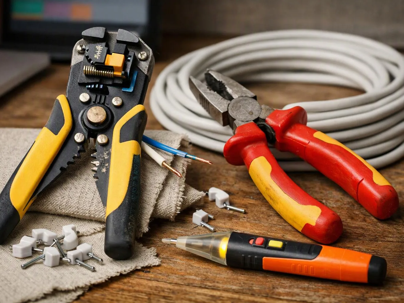 Wire strippers, pliers, a cable coil, and a voltage tester sit on a wooden work surface