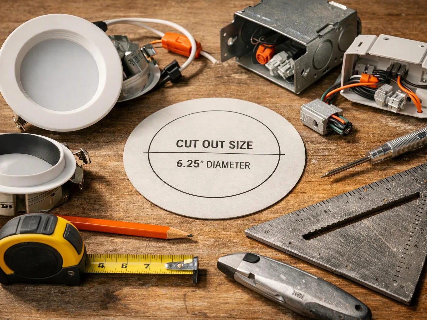 A workbench shows recessed light parts, measuring tools, and a template labeled cut out size 6.25 inch diameter