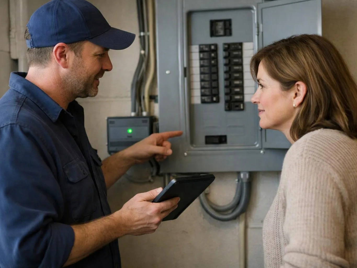 A worker in a blue cap points at an electrical panel while speaking to a woman holding a tablet