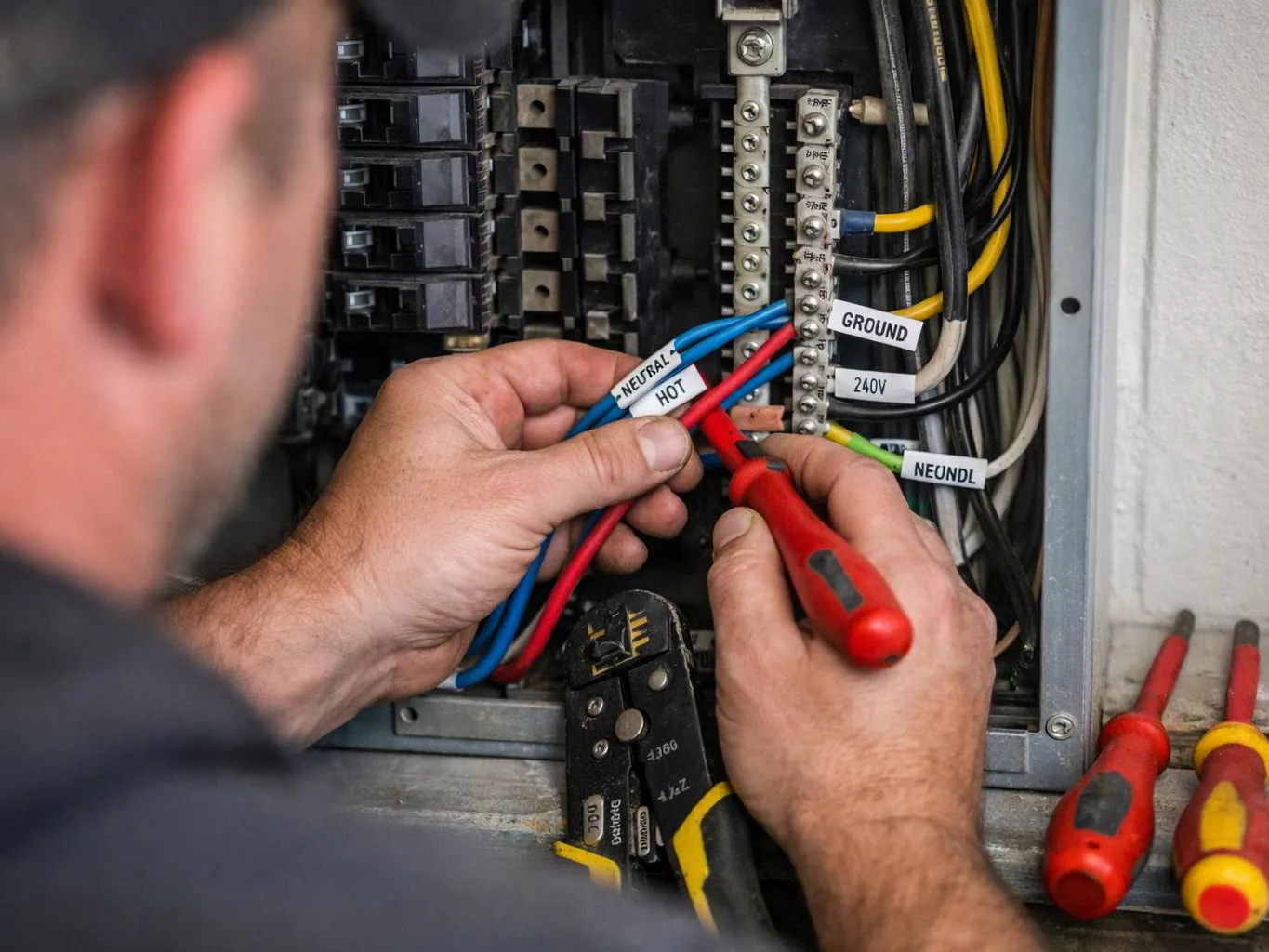 A worker connects labeled wires inside an electrical panel with red-handled tools