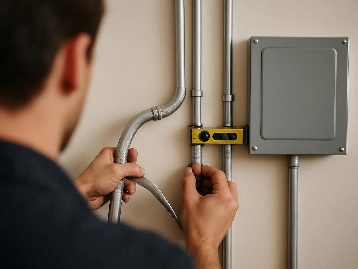A worker measures metal conduit on a wall beside a gray electrical panel with a yellow level
