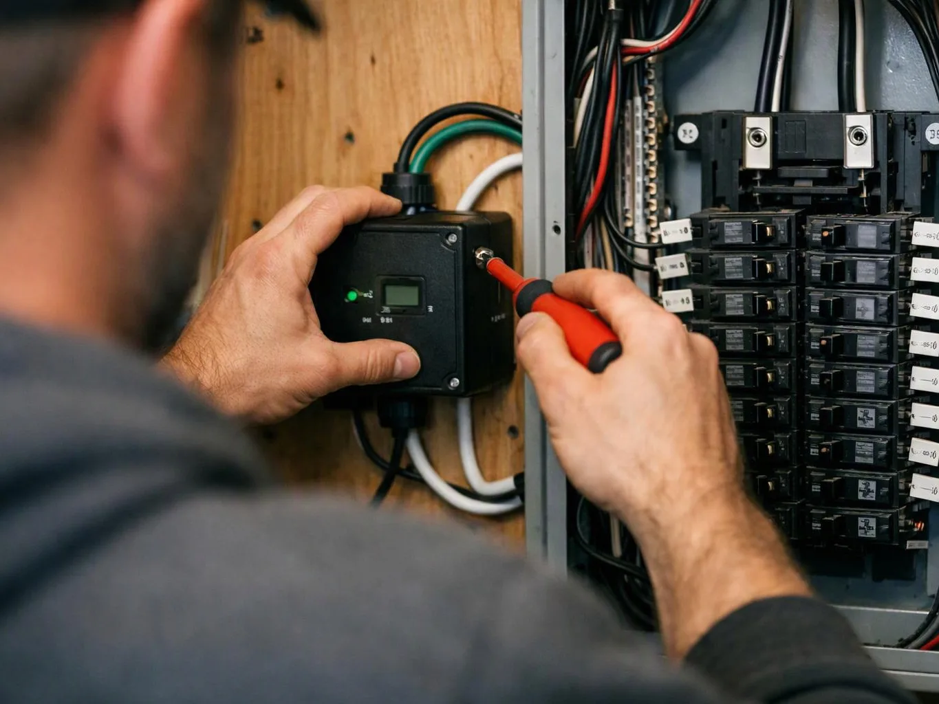 A worker uses a screwdriver on an electrical control box beside a panel of breakers